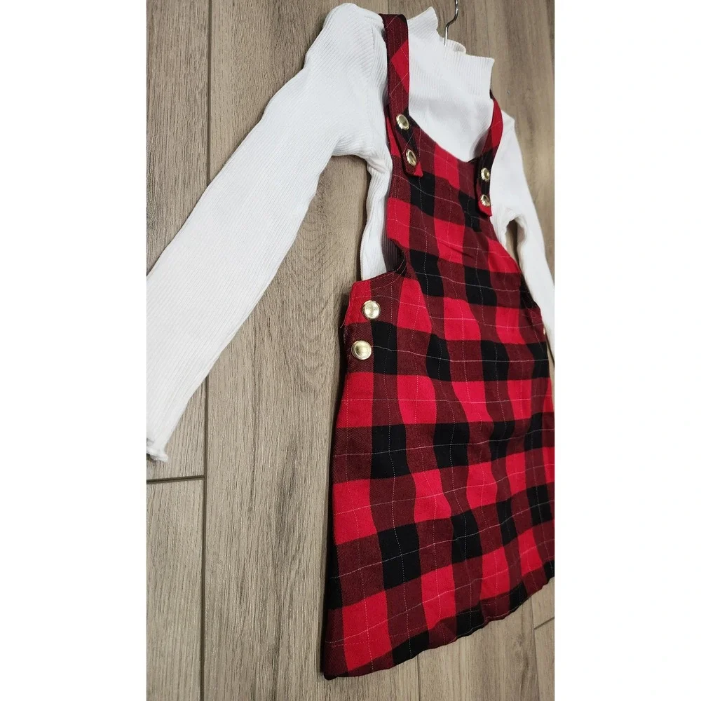 Girls Red Black Buffalo Plaid Pinafore Jumper Dress White Turtleneck Outfit 3T‎